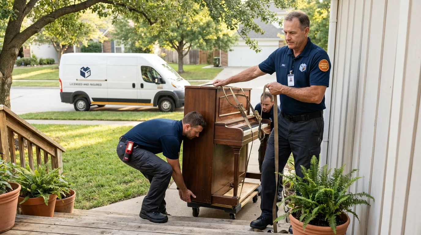 Licensed piano movers securing grand piano in Dunnellon, FL