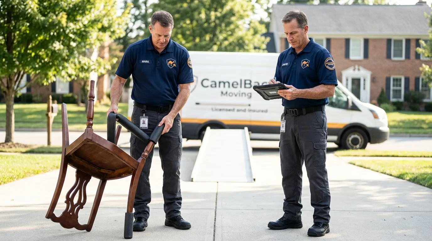 Movers inspecting furniture for damage prevention before loading in Dunnellon, FL