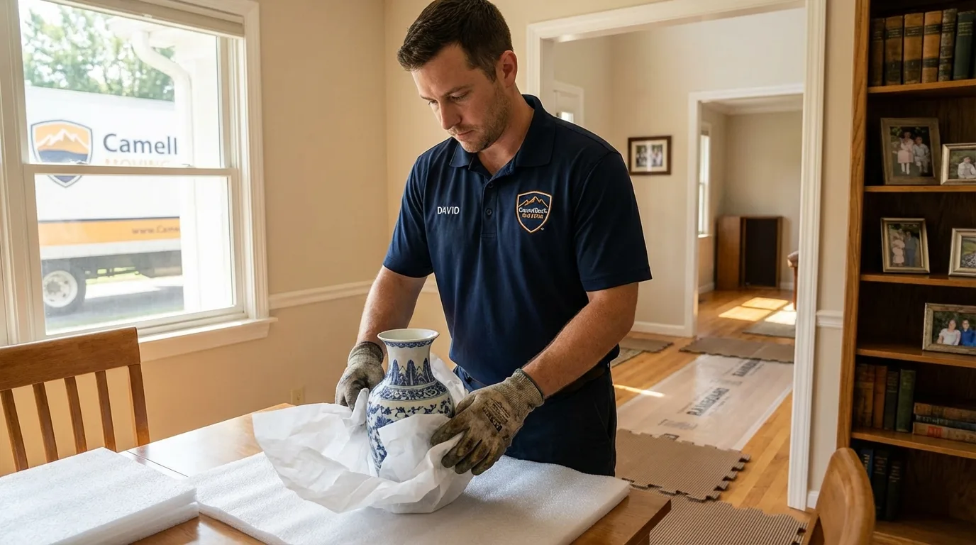 Professional crew carefully wrapping antique vase for senior downsizing move in Dunnellon, FL